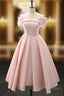 A Line Off Shoulder Satin Tea Length Pink Prom Dress, Pink Formal Dress