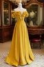 A Line Off Shoulder Satin Yellow Long Prom Dress, Yellow Formal Prom Dress