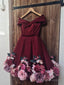 A-Line Off Shoulder Short Burgundy Floral Prom Dress Short Burgundy Floral Prom Graduation Cocktail Dress