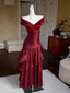 A-Line Off Shoulder Silk Floor Length Burgundy Formal Prom Dress