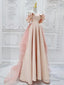 A-Line Off Shoulder Statin Tulle Pink Long Prom Dress, Pink Long Formal Dress