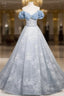 A-Line Off Shoulder Tulle Lace Beads Blue Long Prom Dress, Blue Long Formal Dress