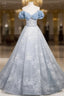 A-Line Off Shoulder Tulle Lace Beads Blue Long Prom Dresses Blue Long Prom Dresses