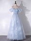A-Line Off Shoulder Tulle Lace Blue Long Prom Dress, Blue Long Formal Dress
