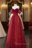 A Line Off Shoulder Tulle Lace Dark Red Long Prom Dress