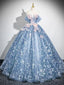 A-Line Off Shoulder Tulle Lace Gray Blue Long Prom Dress, Gray Blue Formal Dress