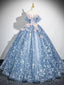 A-Line Off Shoulder Tulle Lace Gray Blue Long Prom Dresses Gray Blue Prom Dresses