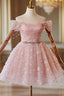 A-Line Off Shoulder Tulle Lace Pink Short Prom Dress, Pink Homecoming Dress
