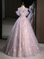 A Line Off Shoulder Tulle Lace Purple Long Prom Dresses Purple Prom Dresses
