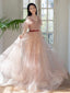 A Line Off Shoulder Tulle Light Pink Long Prom Dress, Long Formal Dress