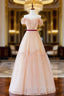 A Line Off Shoulder Tulle Long Prom Dresses Champagne Prom Dresses