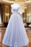 A Line Off Shoulder Tulle Sequin Gray Long Prom Dresses Gray Tulle Prom Dresses