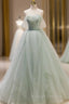 A-Line Off Shoulder Tulle Sequin Green Long Prom Dress, Green Formal Dress