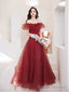A Line Off Shoulder Tulle Sequin Lace Burgundy Long Prom Dress, Burgundy Long Formal Dress