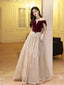 A-Line Off Shoulder Tulle Velvet Floor Length Champagne Formal Prom Dress With Sequin