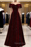 A-Line Off Shoulder Velvet Burgundy Long Prom Dress, Burgundy Long Formal Dress