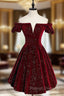 A Line Off Shoulder Velvet Burgundy Short Prom Dress, Burgundy Homecoming Dress