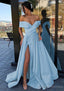 A Line Off-the-Shoulder Cap Straps Sweep Train Satin Prom Dress With Pleated Split