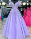 A-Line Off-The-Shoulder Lilac Lace Prom Dress Appliques Feathers