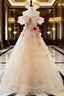 A Line Off the Shoulder Prom Dress with Flowers, Charming Tulle Prom Gowns
