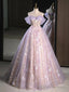 A Line Off the Shoulder Purple Lace Beaded Long Prom Dresses, Purple Lace Beaded Long Formal Prom Dresses