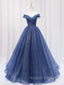 A Line Off the Shoulder Shiny Blue Long Prom Dress Off Shoulder Shiny Blue Prom Dress