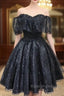 A-Line Off The Shoulder Short Black Lace Homecoming Dresses