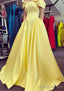 A Line Off-the-Shoulder Strapless Long Dress Floor Length Satin Prom Dress With Pleated Pockets