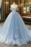 A-Line Off-The-Shoulder Sweetheart Sweep Train Tulle Prom Dress, Sky Blue Applique Wedding Dress