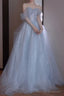 A line Off The Shoulder Tulle Gray Prom Dresses Long Prom Dresses