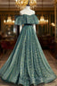 A Line Off the Shoulder Tulle Long Prom Dress, Green Prom Prom Dress
