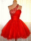 A Line One Shoulder Appliques Lace Short Mini Tulle Dress