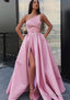A Line One Shoulder Long Dress Floor Length Satin Prom Dress With Pockets Waistband Split