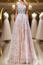 A Line One Shoulder Pink Lace Long Prom Dresses Pink Lace Prom Dresses Pink Prom Dresses