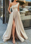 A Line One Shoulder Sleeveless Long Dress Floor Length Satin Prom Dress With Ruffles Split