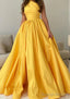 A Line One Shoulder Sleeveless Sweep Train Satin Prom Dress with Pleated
