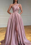 A Line One Shoulder Sleeveless Sweep Train Satin Prom Dress With Split Pleated