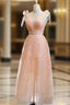 A Line Orange Tulle Appliques Bateau Pleats Prom Dresses With Beading