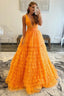 A Line Orange V Neck Tulle Long Prom Dress