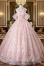 A Line Pink Flowers Tulle Long Princess Dress, Off the Shoulder Formal Prom Dress