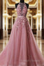 A-Line Pink Halter Sleeveless Applique Tulle Prom Dress