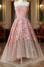 A-Line Pink Lace Strapless Sleeveless Short Tulle Homecoming Dress