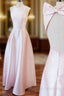 A Line Pink Satin Backless Floor Length Prom Dresses With Bow