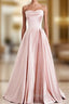 A Line Pink Satin Strapless Pleats Long Prom Dresses
