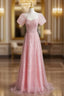 A Line Pink Sequins Short Sleeve Prom Dresses