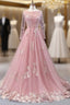 A Line Pink Tulle Appliques Sequins Long Sleeve Prom Dress