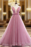 A Line Pink Tulle Deep V Neck Backless Long Prom Dresses
