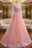 A Line Pink Tulle Lace Appliques Long Sleeve Prom Dresses