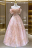 A-Line Pink Tulle Lace Off The Shoulder Prom Dress