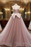 A-Line Pink Tulle Satin Spagehtti Straps Prom Dress